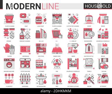 Household tools complex flat line red black icons vector illustration set, house cleaning, cooking or gardening symbols, housework collection of domestic cleaner equipment, home appliances Stock Vector