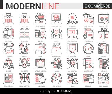 Shopping retail, e-commerce complex thin red black line icon vector illustration set. Linear commercial shop website app symbols for online order, free shopping delivery, customer web support call Stock Vector