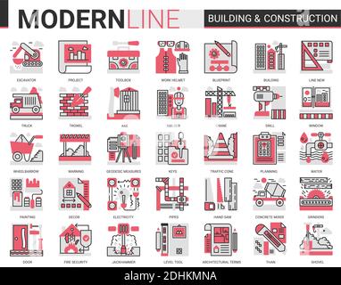 Building construction complex red black line icons vector illustration set, outline constructing website symbols collection with builders tools and crane equipment, city architecture development Stock Vector