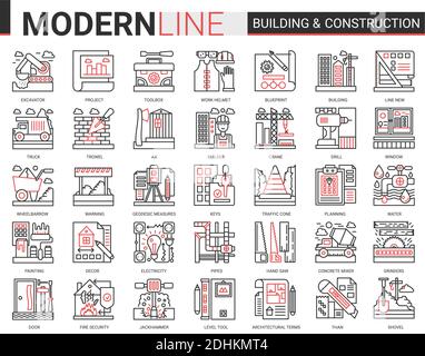 Building construction complex red black line icons vector illustration set, outline constructing website symbols collection with builders tools and crane equipment, city architecture development Stock Vector