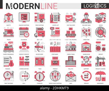 Logistics transportation, delivery service complex flat line icon vector illustration set. Red black delivering symbols for mobile app website with freight transport, warehouse loading, shipping Stock Vector