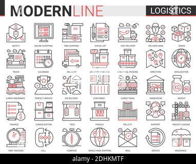 Logistics transportation, delivery service complex line icon vector illustration set. Red black thin linear delivering symbols mobile app website with freight transport, warehouse loading, shipping. Stock Vector