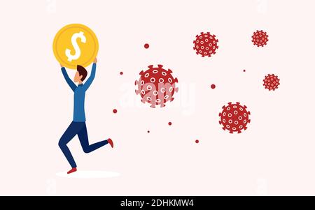 Businessman runs away from coronavirus concept vector illustration. Cartoon tiny man holding gold coin in hands and running in panic, business wealth money loss during financial crisis background Stock Vector