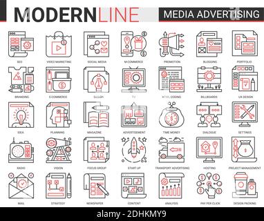 Media advertising complex line vector illustration set. Red black thin outline infographic pictogram symbols for mobile apps with marketing strategy research, promotion in social media. Stock Vector