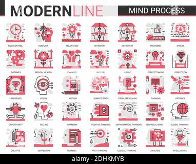 Mind process complex flat line icon vector illustration set. Red black symbols for mobile app website with human head in brainstorm processing, mental health problem, cogwheel inside brain concept. Stock Vector