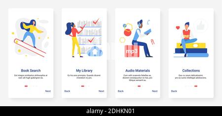 Online library education technology vector illustration. Mobile app page onboard screen set with cartoon flat student people study multimedia content, search and read digital books, archive files Stock Vector