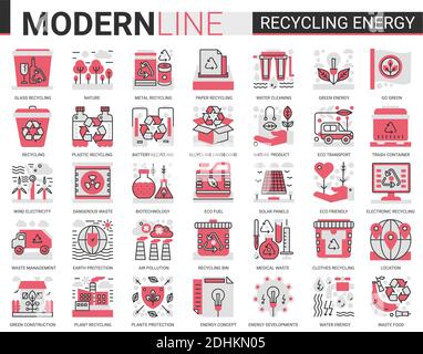 Recycling Renewable green energy complex red black flat line icons set vector illustration. Stock Vector