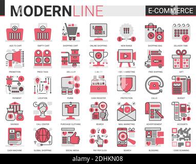 Shopping retail, e-commerce complex flat line icon set vector illustration. Commercial shop website app symbols for online order, free shopping delivery, customer web support call center. Stock Vector
