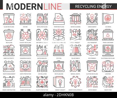 Recycling energy red black outline mini concept symbols. Renewable energy, green technology modern stroke linear set. Environmental ecosystem protection and green waste recycling thin line icons Stock Vector