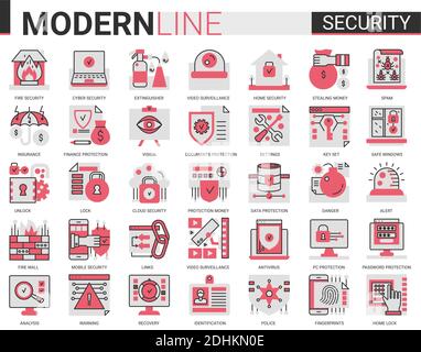 Security flat line concept symbols. Data PC Protection technology. Smart home safety, secure database, data privacy modern red black icons set. Stock Vector