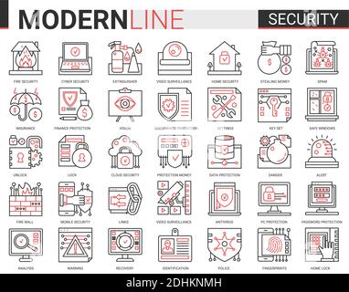 Security outline mini concept symbols. Data PC Protection technology. Smart home safety, secure database, data privacy modern red black stroke linear style thin line icons set Stock Vector