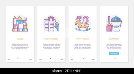 Kid toys for playing vector illustration. UX, UI onboarding mobile app page screen set with line childs horse, alphabet blocks for children learning, baby playthings, childhood game kindergarten items Stock Vector