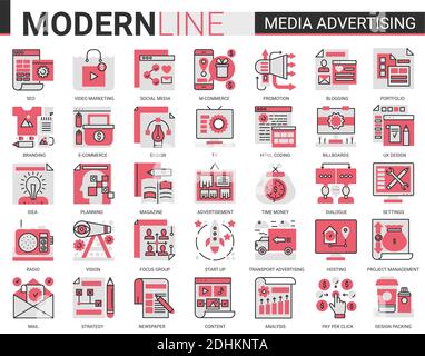 Media advertising complex flat line icon vector illustration set. Red black collection of infographic pictogram symbols for mobile apps with marketing strategy research, promotion in social media Stock Vector