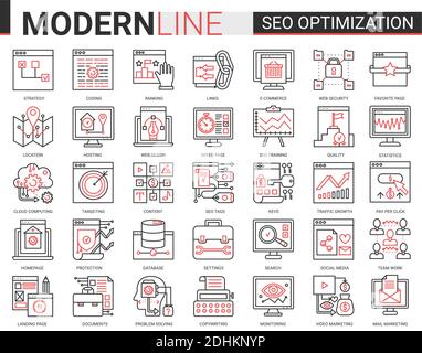 Seo optimization technology complex vector line icons set. Tech analytics website symbols for internet optimizing business marketing in social media, support of digital app design and web development. Stock Vector