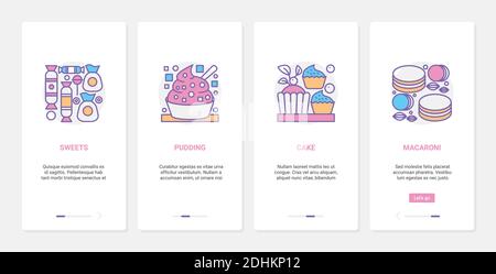 Sweet bakery food products vector illustration. UX, UI onboarding mobile app page screen set with line dessert menu of cafe baker shop or cafeteria, cake cupcake, candy sweets and delicious macaroons Stock Vector