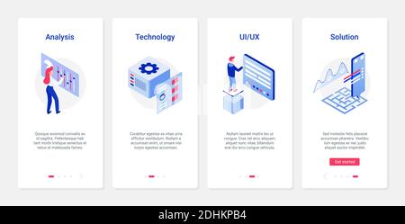 Data analysis smart solutions vector illustration. UX, UI onboarding mobile app page screen set with line service report, analyzing technology for business process, account database optimization Stock Vector
