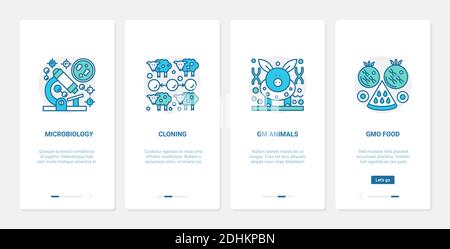 Microbiology genome science research vector illustration. UX, UI onboarding mobile app page screen set with line scientific genetic engineering symbols, cloning biotechnology, gmo food products Stock Vector