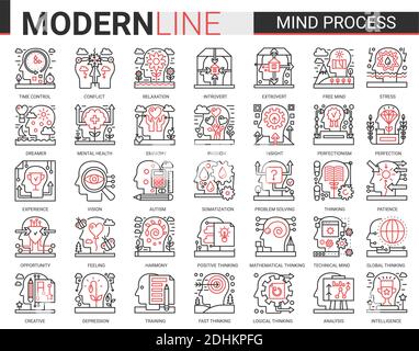 Mind process complex line icon vector illustration set. Red black thin linear symbols mobile app website with human head in brainstorm processing, mental health problem, cogwheel inside brain concept Stock Vector