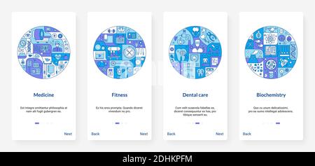Science research in medicine, dentistry and sport fitness vector illustration. UX, UI onboarding mobile app page screen set with line scientific medical equipment for research and care of human health Stock Vector
