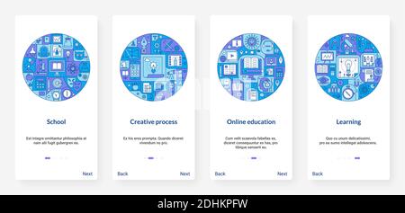 Online education, school learning creative process vector illustration. UX, UI onboarding mobile app page screen set with line schooling training studying, educational item and technology for students Stock Vector