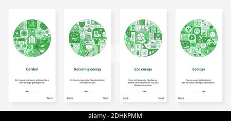 Eco friendly recycling energy, ecology environment circle vector illustration. UX, UI onboarding mobile app page screen environmental set with line ecological technology, green energy to save Earth Stock Vector