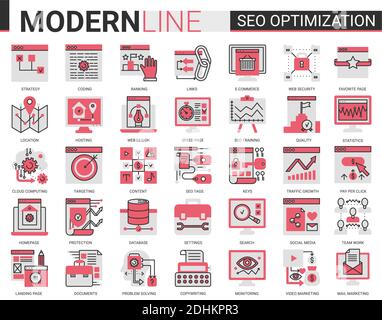 Seo optimization technology vector complex flat line icon set. Tech analytics website symbols internet optimizing business marketing in social media, support of digital app design, web development. Stock Vector