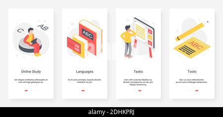 Studying of foreign language, education vector illustration. UX, UI onboarding mobile app page screen educational set with line tools, tasks and knowledge technology for students to study language Stock Vector