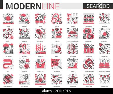 Seafood flat line mini concept symbols. Red black infographic design east restaurant sea food icons set. Stock Vector