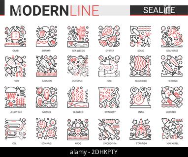 Sealife outline mini concept symbols. Red black thin line infographic design east restaurant sea life modern thin line icons set. Stock Vector