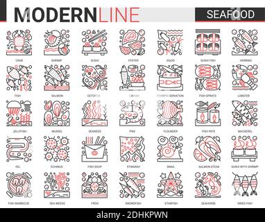 Seafood outline mini concept symbols. Red black thin line infographic design east restaurant sea food modern thin line icons set. Stock Vector