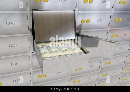 Open bank safe full of wads of dollars. 3d illustration. Stock Photo