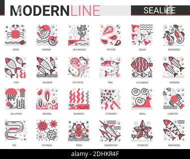 Sealife flat line mini concept symbols. Red black infographic design east restaurant sea life modern icons set. Stock Vector