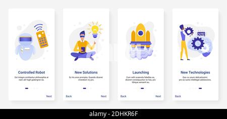 New future technology innovation vector illustration. UX, UI onboarding mobile app page screen set with line innovative project, success startup idea launch, automation and control of business process Stock Vector