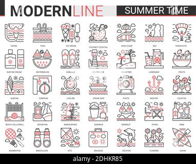 Summer time vacation complex red black line vector set. Website outline summertime pictogram app symbols collection with travel or beach holiday items and sport activity editable stroke. Stock Vector