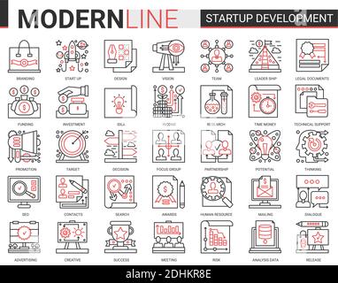 Business startup development technology complex red black line vector icons set. Outline successful business strategy for starting new project symbols with developing innovation idea research. Stock Vector