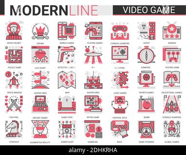 Video game red black complex flat line icon vector illustration set with entertainment mobile app symbols collection, devices and gadgets for gamers, vr glasses for gaming in augmented reality. Stock Vector
