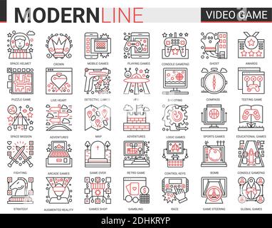 Video game complex red black thin line icon vector illustration set with outline entertainment mobile app symbols collection, devices gadgets for gamers, vr glasses for gaming in augmented reality. Stock Vector