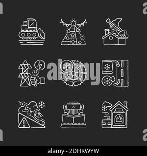 Winter city services chalk white icons set on black background Stock Vector