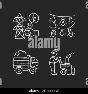 Winter city service chalk white icons set on black background Stock Vector