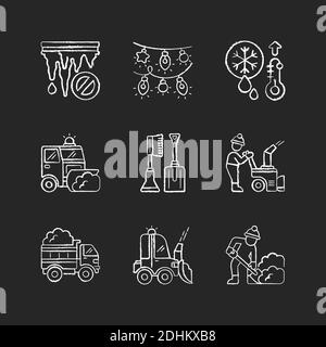 Winter city services chalk white icons set on black background Stock Vector