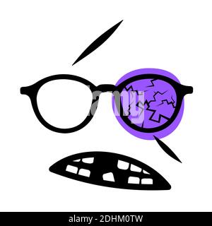 Injured beaten person after fight - wounded face with broken glasses, black eye and monocle, knocked out teeth and scars. Comic vector illustration Stock Photo
