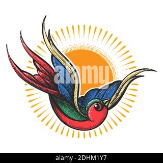 Tattoo of flying Swallow and Sunshine.Tattoo in Engraving Style. Vector illustration. Stock Vector