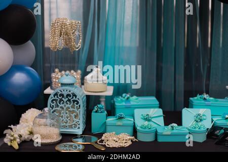 christmas gifts collection lying on a table Stock Photo