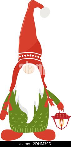 Cute christmas gnome in red hat with little lantern in hand, vector illustration. Stock Vector