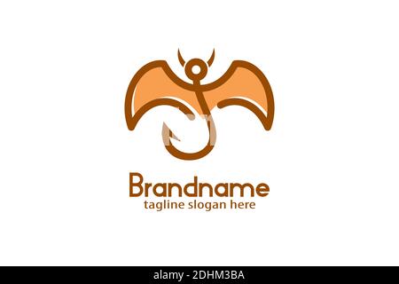 Winged Fishhook Devil Logo, Flying fishhook logo with winged devil design concept. Abstract line style, creative and unique design. Stock Vector