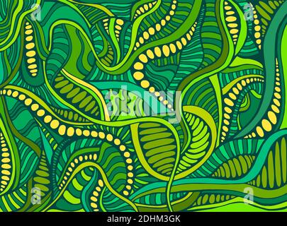 Bright colorful funny psychedelic abstract background doodle style, in emerald green blue yellow colors. Stock Vector