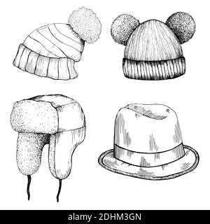 Headwear doodle cartoon style. Set of different hat with pom pom, hat with ear flaps, funny hat with two pom-poms, Homburg hat, isolated on white. Stock Vector