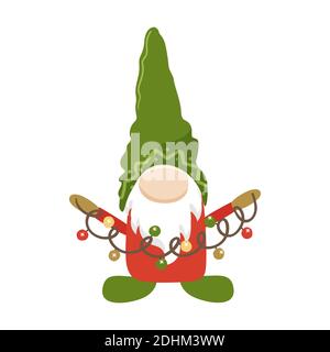 Cute christmas gnome with garland in hand. Vector illustration. Stock Vector