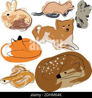 Set of line animals with paint spots. Dog, cat, deer, bunny, fox, snake, ferret. Vector EPS 10 isolated on white Stock Vector