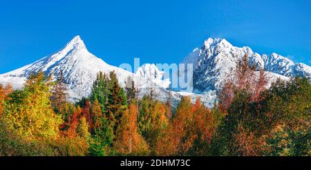 National park and Koncista peak (2494m) symbol peak of Slovakia in High Tatras mountains, Slovakia Stock Photo